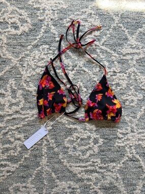 Black Floral Triangle Bikini Top with Pink & Orange Flowers